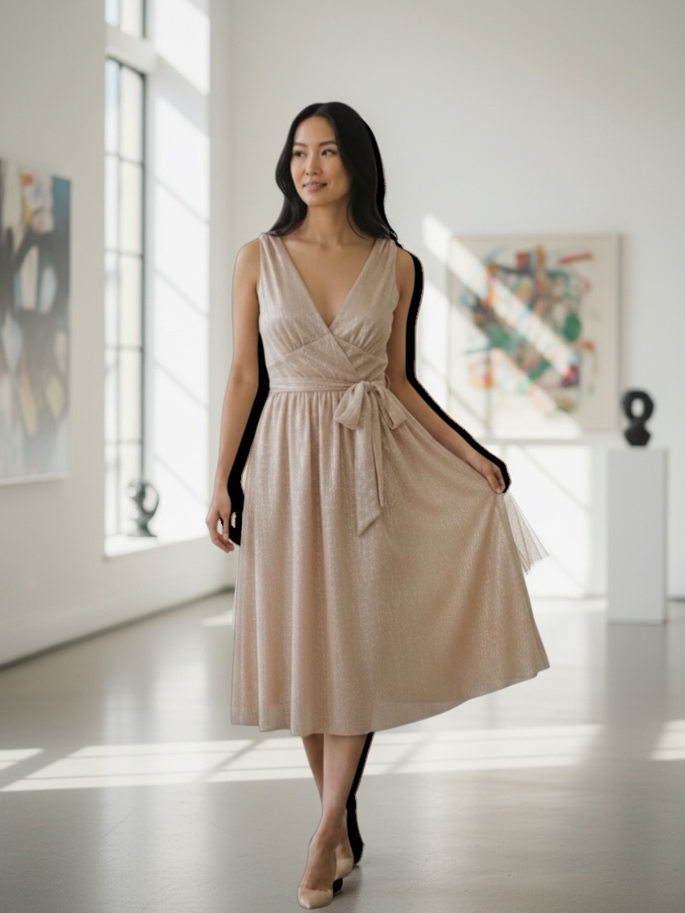 Calvin Klein Champagne Shimmery V-Neck Midi Dress with Tie Waist Medium